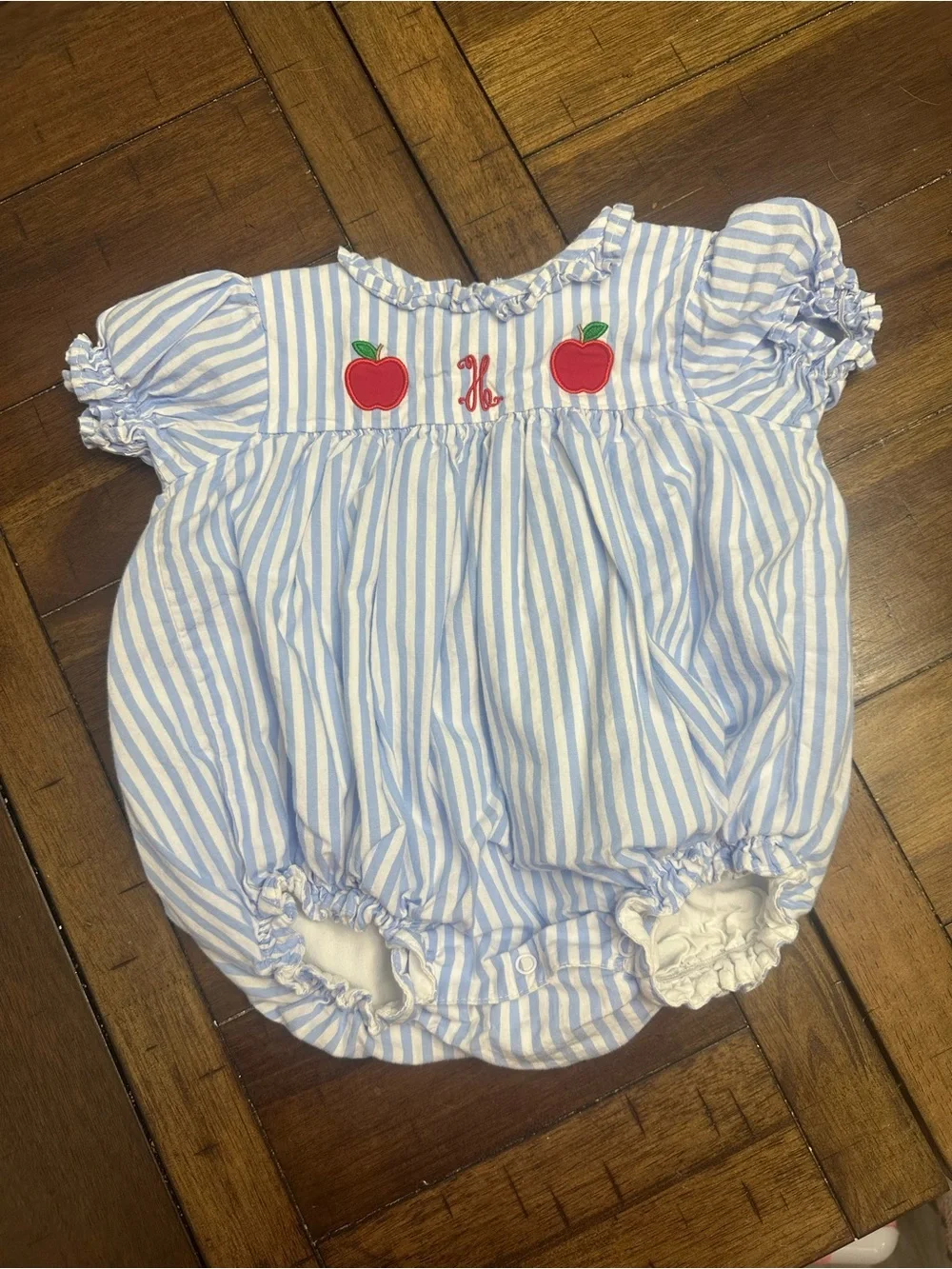 Blue & White Striped Apple Embroidered “H” monogrammed Baby One-Piece